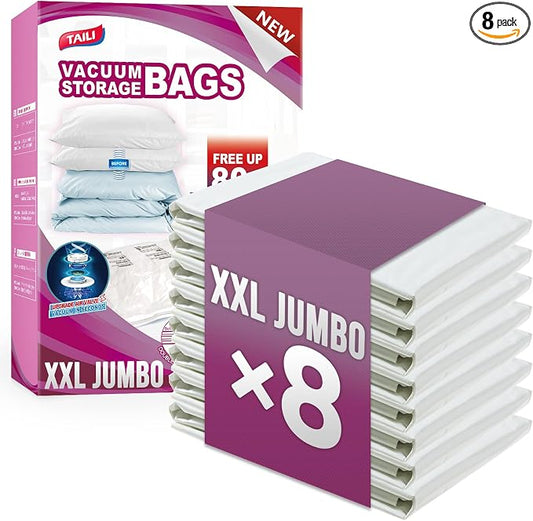 TAILI Vacuum Storage Bags 8 Pack, XXL Jumbo Size 47x39 Inch, Cream | XXL Large Vacuum Seal Bags for Clothing, Huge Space for Bedding, Comforters, Pillows, Toy, Save More Closet Space