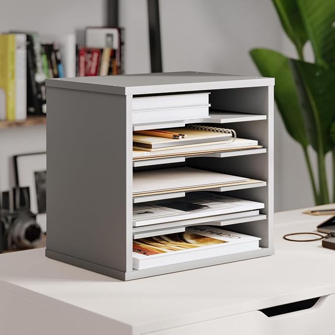 Ballucci 5-Tier File Organizer for Desk, Wooden Mail Sorter, Office Desk Organization, Paper Storage Organizers, Folder Holder for Desk, Letter Trays & Stacking Supports, Gray