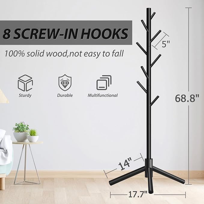 Unisakey 8-Hook Freestanding Wooden Coat Rack 3 Adjustable Heights Black | Stable Triangular Base for Safety,Durable Construction,Simple Tool-Free Assembly,Ideal for Bedroom Hallway Office Entryway