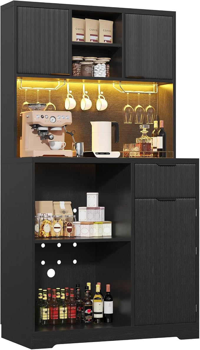 kepptory 72" Mini Fridge Cabinet with Storage, Coffee Bar Cabinet with Mini Fridge, Tall Coffee Bar Station with RGB LED Light, Wine Glass Holder, for Home Kitchen Living Room, Black