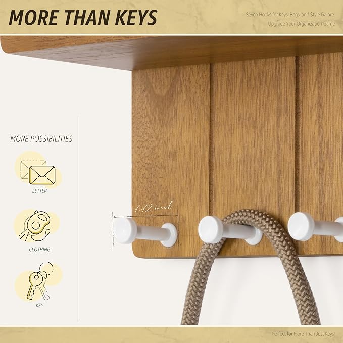 Rebee Vision Key Holder Wall Mount with 7 Hooks for Apartment, Light Brown | Key and Mail Holder for Wall, Floating Shelf, Mail Sorter, key Hanger, Apartment Essentials, Home Decor, Decorative Storage