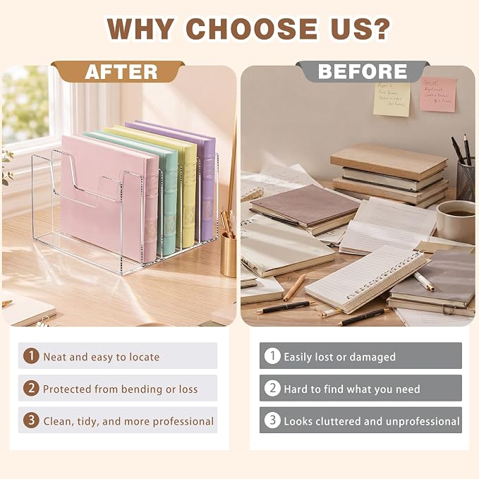 2 Pack 5 Section Clear Acrylic Desktop File Organizer Vertical File Sorter 4mm Thick, Large Capacity Upright Magazine Organizer, Book Paper, Notebooks, Envelopes, Mail Holder