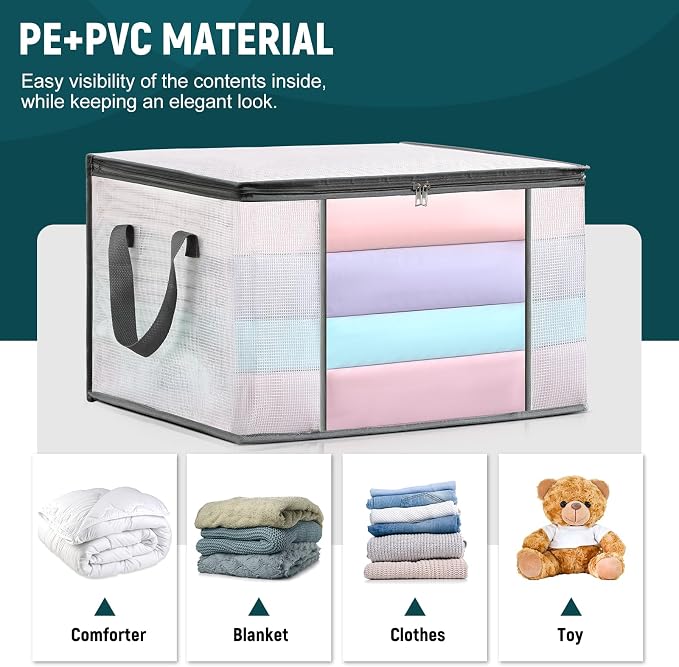 LANDNEOO 6-Pack Clothes Storage Bags, Plastic Foldable Blanket Storage bins, Closet Organizer Container for Bedroom, Bedding, Comforters, Pillows, and Clothing - 60L with Handles