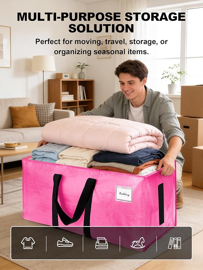 HOMESURE Supports 200lbs Heavy Duty Moving Bags - Strong Zipper & Wrap-Around Handles - Water-Resistant Storage Totes, Durable Alternative to Moving Boxes - 4 Pack - Pink