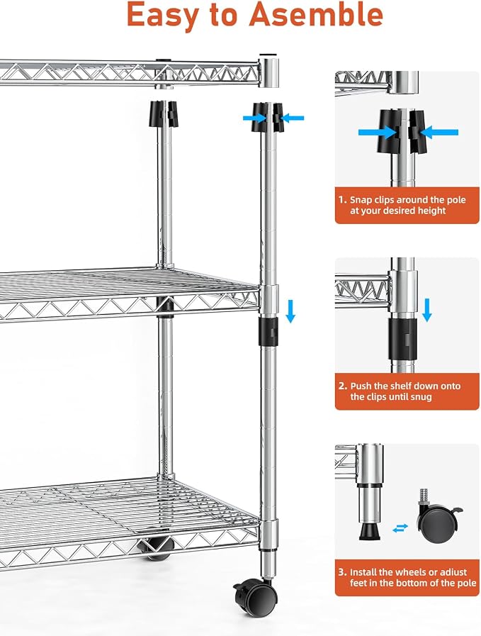 Simple Deluxe Heavy Duty 3-Shelf Shelving Unit with Wheels, Adjustable Steel Wire Shelving, Chrome Metal Shelf Organizer for Kitchen Organization and Storage, 750 lbs Capacity