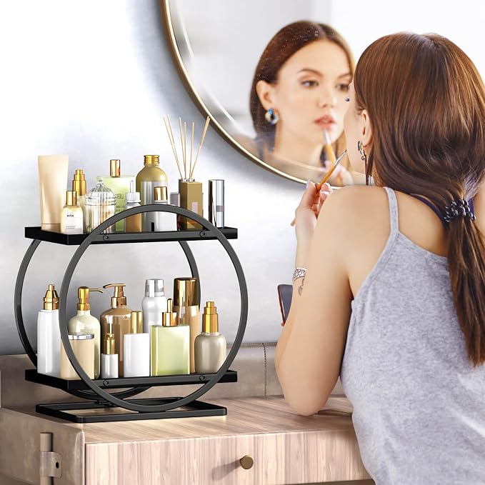Bathroom Counter Organizer, 2-Tier Black Perfume Organizer Dresser | Bathroom Organizer Counter Shelf, Vanity Makeup Organizer Countertop, Skincare Tray Perfume Holder for Bathroom Sink Storage