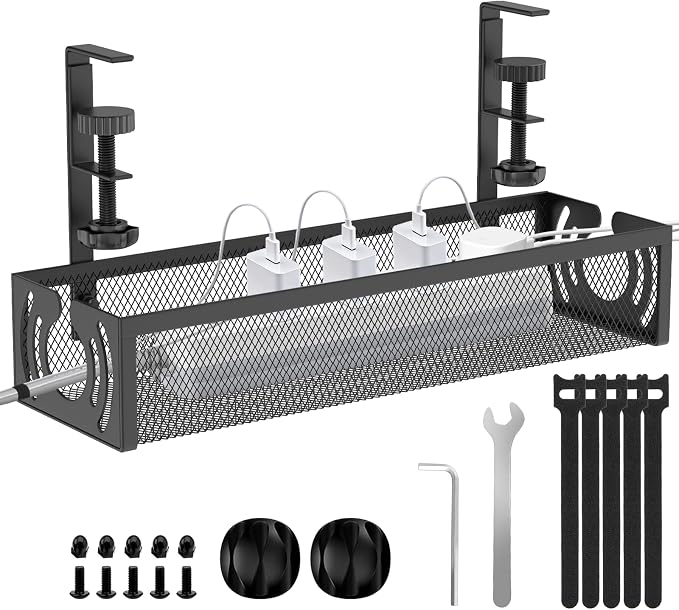Cable Management, 15'' Under Desk Cable Management Tray No Drill | Metal Cable Organizer with Clamp for Wire Management, Cord Organizer for Home Office, Desk Accessories Organizer, Black