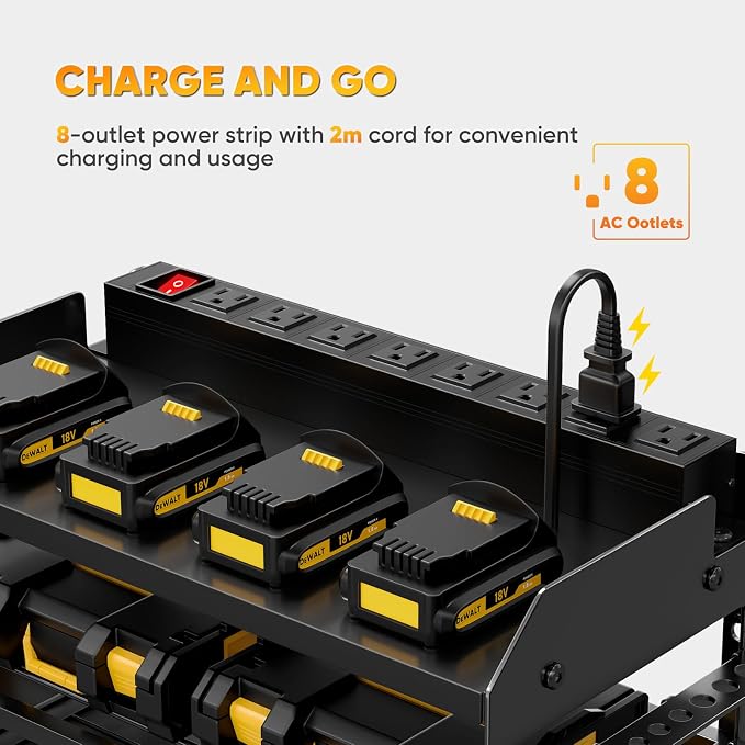 POKIPO Power Tool Organizer Wall Mount with Charging Station,Tool Storage Rack with 8 Outlet Power Strip,Heavy Duty Metal Battery Utility Rack with 4 Cordless Drill Holder 6.56 Ft Cord for Garage