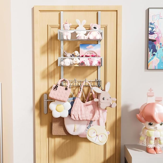 Consumest Over The Door Hooks Organizer - 3 Tier Door Hanger with 9 Coat Hooks & 2 Mesh Basket, Back Storage Organizer Hanging Towels for Bathroom, Bedroom, Silver