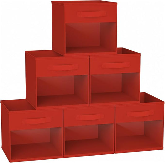 DIMJ Cube Bins, 12.2-Inch Storage Bins Cubes with Window, 6 Packs Collapsible Storage Bins with Handles, Closet Storage Baskets for Organizing Living Room, Office, 6 Pack,Red
