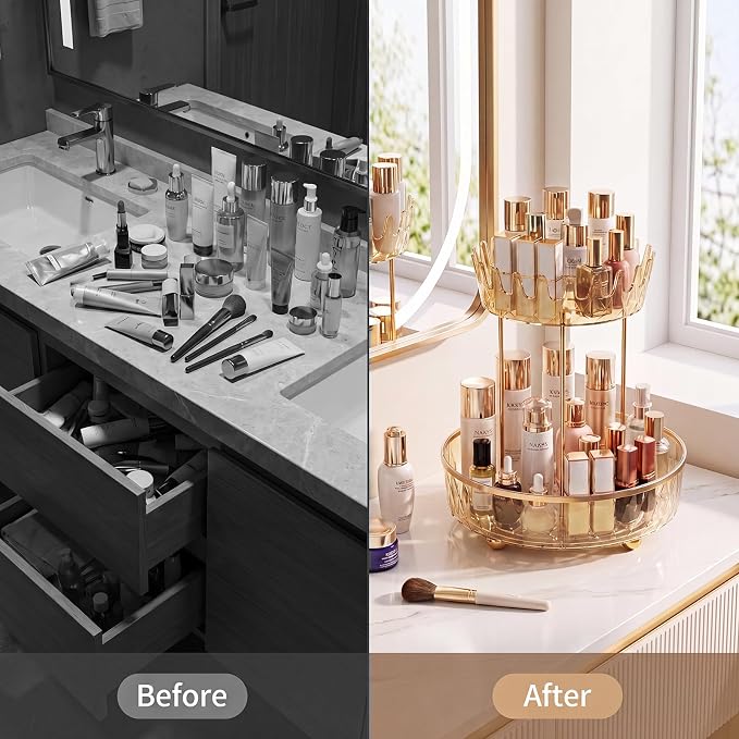 2 Tier Rotating Makeup Organizer for Vanity, Clear Bathroom Counter Organizer, Skincare Organizer and Perfume Organizer, Countertop Cosmetic Storage for Cabinet, Pantry and Kitchen (Gold)