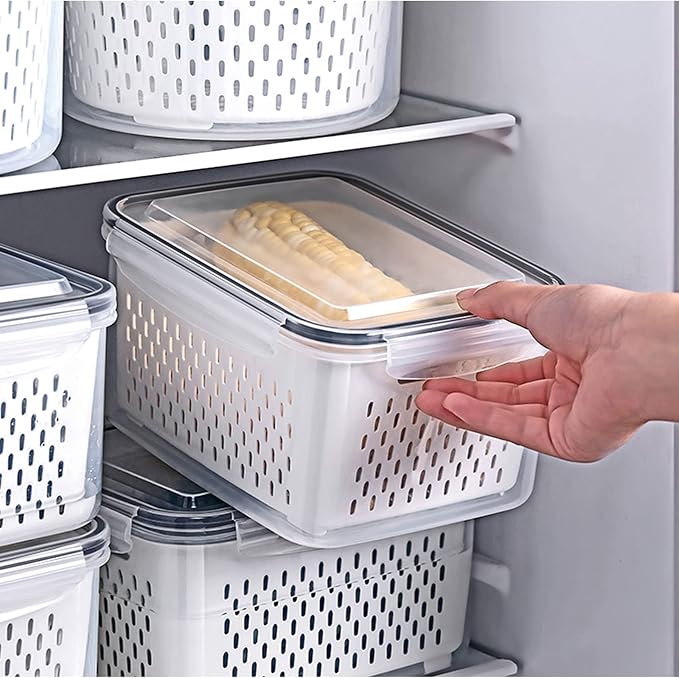 3Pack Fridge Food Storage Container Set with Lids with Strainer,Plastic Fresh Produce Saver Vegetable Fruit Meat Storage Organization, BPA-Free Plastic Produce Keepers(3.15L+1.7L+0.8L)