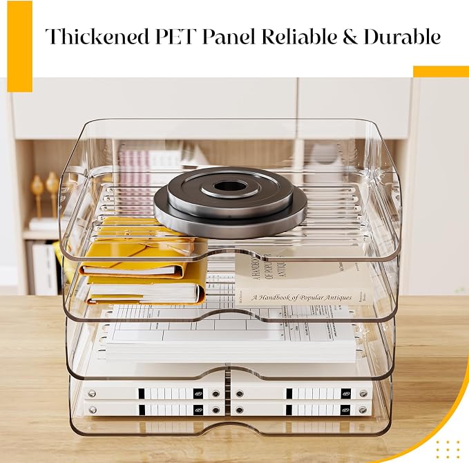 HIYOHIYO Clear Office Desk Organizer for A4 Letter Paper, 4 Tier Horizontal | Stackable | Large Capacity | Office Organization for File Folder | Desktop Paper Holder Workspace Organizer and Storage
