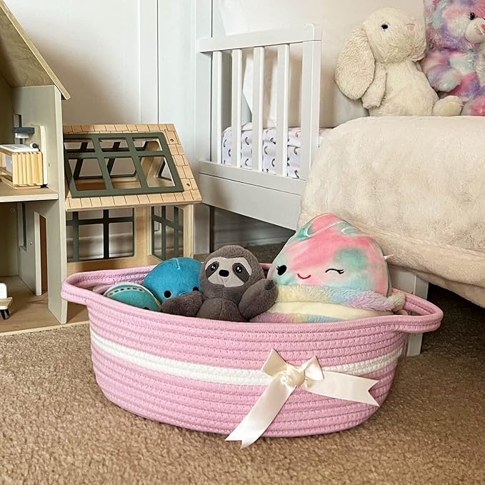 CHICVITA Small Woven Rope Gift Basket for Baby Girls, Pink | 13" x 10" x 5", Rectangle Shelf Basket for Nursery & Bathroom, Toys, Diapers & Towels Organization, Built-In Handles