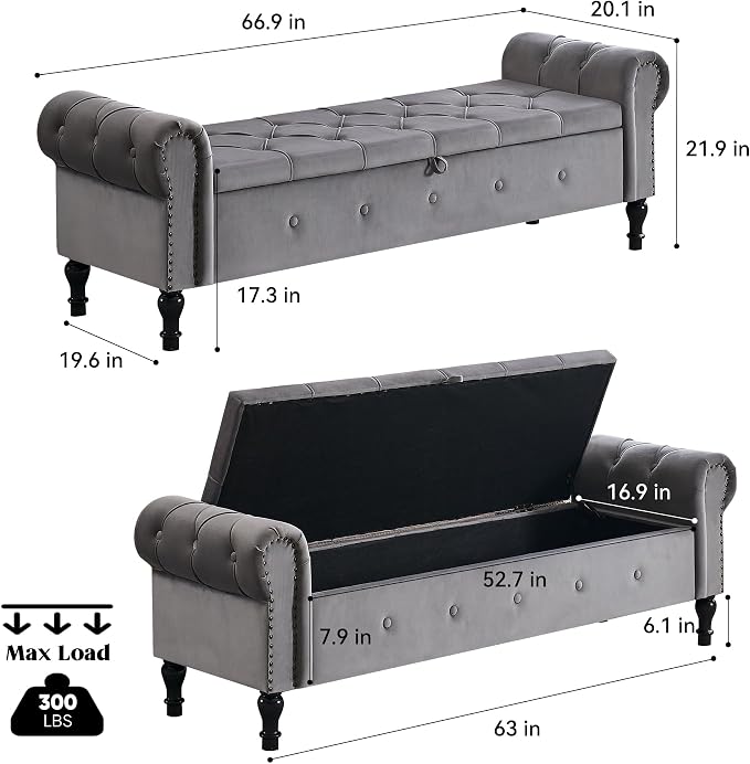 Storage Bench 67" Velvet End of Bed Benches Dark Grey | King Size Storage Bench for Bedroom with Rolled Arms Tufted Ottoman Benches Upholstered Bench for Living Room Entryway