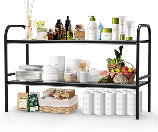 Expandable 2-Tier Under Sink Organizer, 8 Removable Plastic Boards, Tool-Free Installation (Black, 2-Tier 8 Boards)