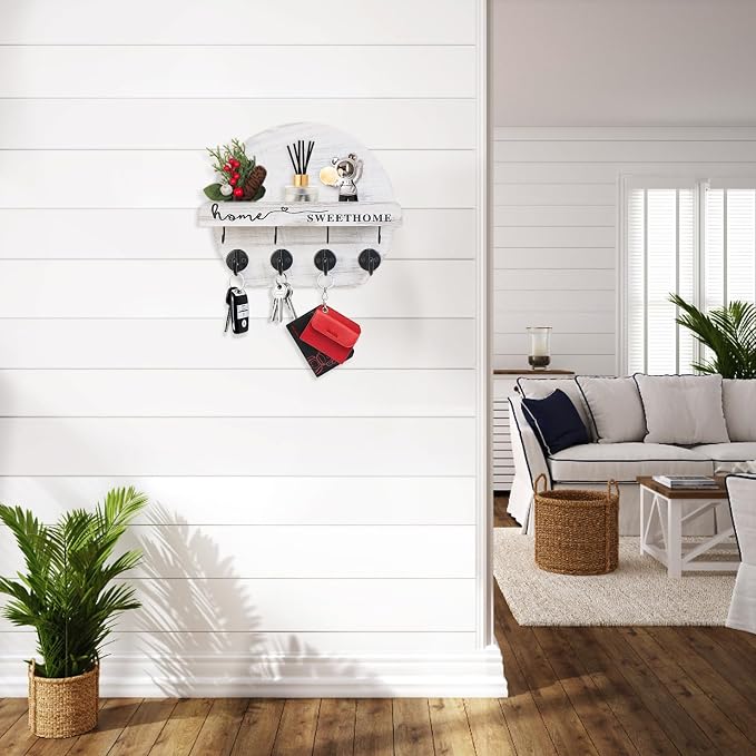 Key Holder for Wall, Key and Mail Holder Organizer - Key Holder Wall Mount with Bouquet Shelf and Key Hooks, Round Wooden Rustic Key Rack for Entryway and Home Decor (Pale White)
