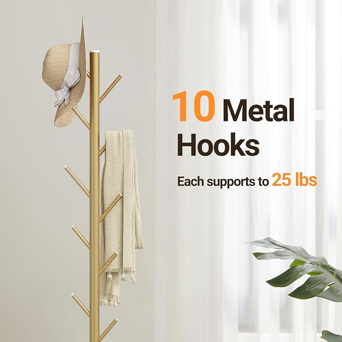 Coat Rack Freestanding, Metal Coat Rack with Natural Marble Base, Gold | 10 Hooks, 3 Adjustable Heights, Heavy Duty Coat Tree for Bags, Clothes, and Hats for Entryway, Bedroom, Hallway, Office