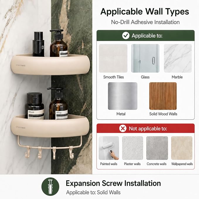 Corner Shower Caddy Adhesive Mount, No Drilling Shower Organizer | 2 Pack, Includes Hooks &Hanging Bar, Rustproof Aluminum, 2 Installation Ways, Wall-Mounted Bathroom Organizer Storage Shelves