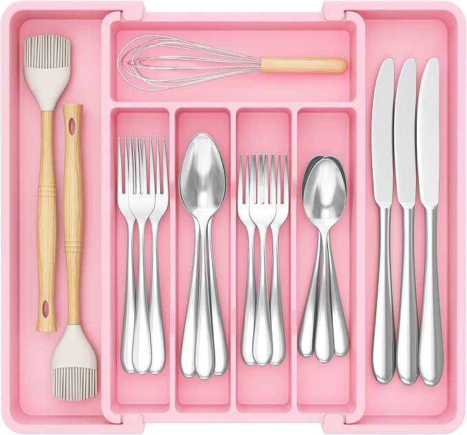 Lifewit Silverware Drawer Organizer, Expandable Utensil Tray for Kitchen, BPA Free Flatware and Cutlery Holder, Adjustable Plastic Storage for Spoons Forks Knives, 8.5"-14.1" x 12.1", Pink