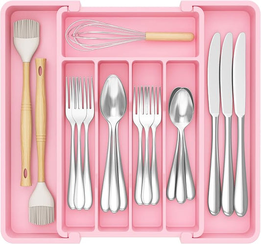 Lifewit Silverware Drawer Organizer, Expandable Utensil Tray for Kitchen, BPA Free Flatware and Cutlery Holder, Adjustable Plastic Storage for Spoons Forks Knives, 8.5"-14.1" x 12.1", Pink