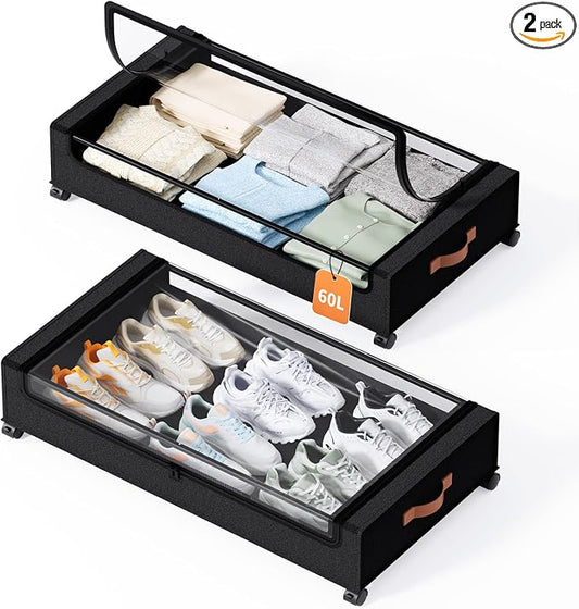 Yecaye 60 L Under Bed Storage with Wheels, 2 Pack Under Bed Storage Containers with Clear Window & Label, Rolling Under bed Shoe Storage organizer for Clothes, Shoes, Black
