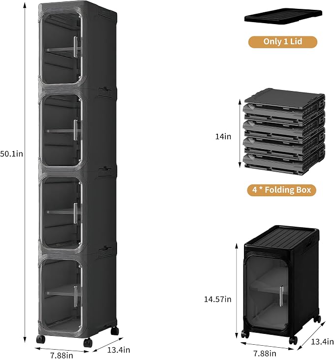 4-Tier Tall Narrow Slim Bathroom Storage Cabinet, Black | Tool Free Assembly, Adjustable Shelves, Fits for Narrow Spaces, Reinforced Stability, Magnetic Clear Door