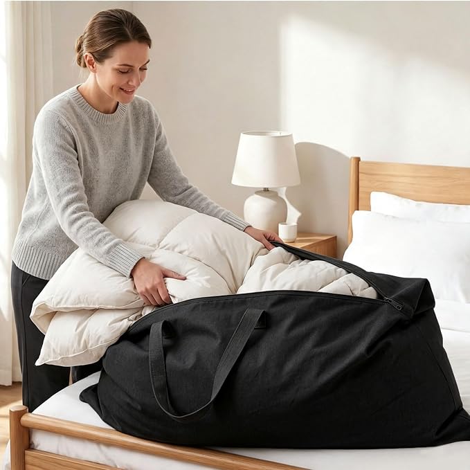 2 Pack Travel Pillow and Blanket Bags, 100% Cotton Canvas Pillow Storage Bag with Handles, Heavy Duty Breathable Organizer for Bedding Linens, Pillow Bag for Traveling(2,Black,20"x36")