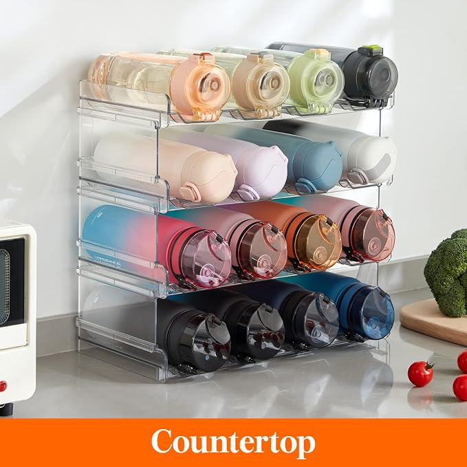 Lifewit Stackable Water Bottle Organizer for Cabinet, Plastic Bottle Holder Fits Bottles/Tumblers up to 3.8" Diameter for Pantry/Countertop, 4 Tier Holds 16 Bottles 41 x 20 x 34 cm/16 x 8 x 13.4