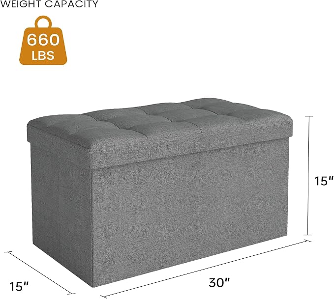KROFEM 30" Folding Storage Ottoman Bench,Rectangle Foot Rest Stool for Living Room and Bedroom Holds 660 lbs,Synthetic Leather,Light Gray