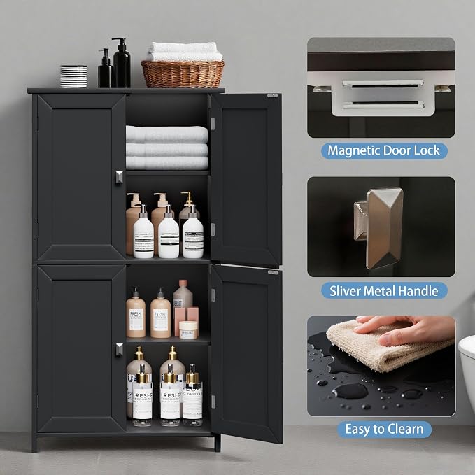 Bathroom Cabinet with Adjustable Shelf Freestanding Storage Cabinet with 2 Doors Wooden Organizer Floor for Bathroom Kitchen and Living Room (Black, 4 Doors)