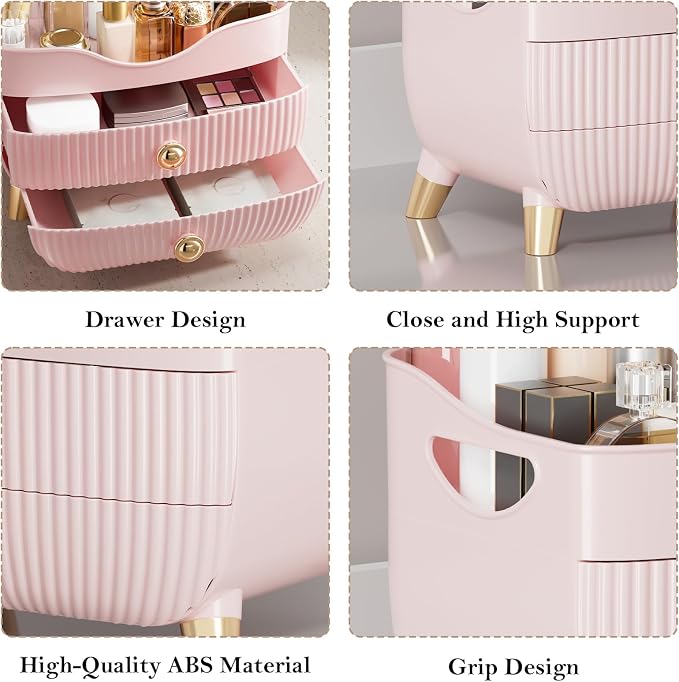 Makeup Organizer Countertop, Large Capacity Skincare Organizer for Vanity | Cosmetics Organizer with Drawes & Handle, Cosmetic Display Cases Storage Box for Dresser, Bathroom, Gifts for Women(Pink)