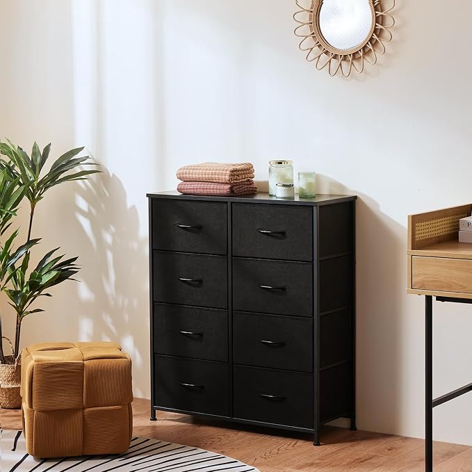 OLIXIS 8 Drawer Storage Dresser for Bedroom, Black Closet Organizers Units | Fabric Dresser with Wooden Top, Chest of Drawers Clothes Storage, Tower Cabinet for Living Room, TV Stand Furniture