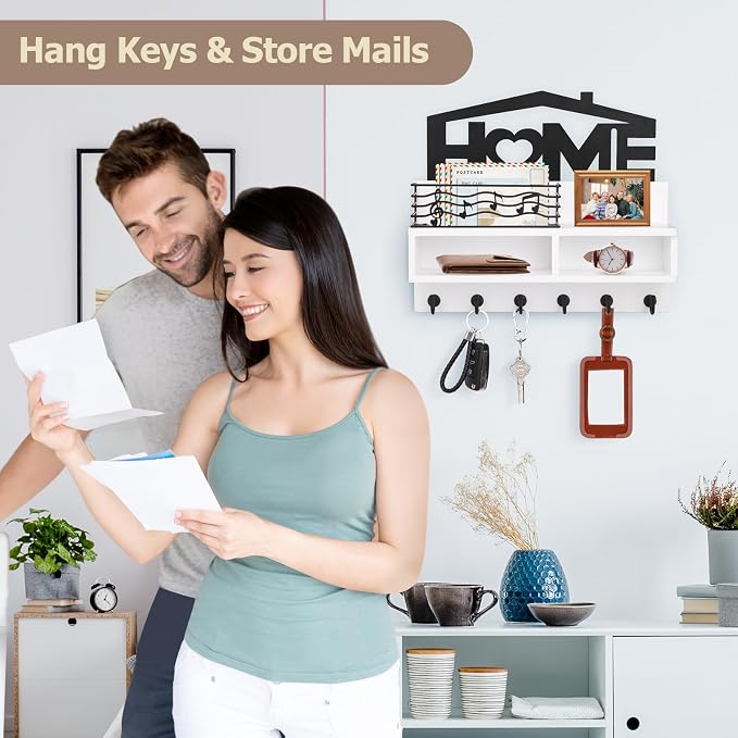 VIS'V Key Holder Wall Mount, Decorative Wood Mail and Key Organizer, White | Contains Iron Storage Basket, Small Shelf, 2 Compartments, 6 Hooks, for Entryway, Hallway, Doorway, Kitchen, Garage, RV