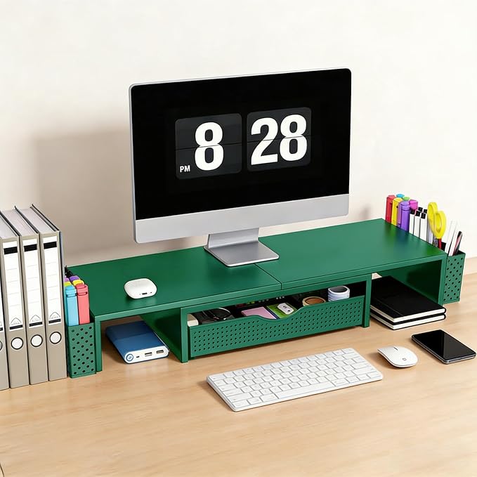 Spacrea Metal Desk Organizers and Accessories, Dual Monitor Stand Riser with Drawer and 2 Pen Holders, Desk Accessories & Workspace Desktop Organizers for Office Supplies (Dark Gree)