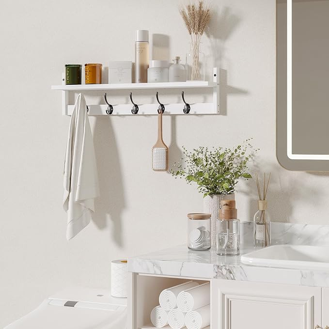 BAMEOS Wall-Mounted Wood Shelf with 5 Dual Hooks for Bathroom, Living Room, Bedroom (White-with Shelf)