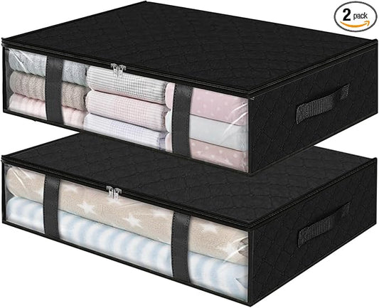 StorageRight Under Bed Storage Bags, 2 Pack, 40L, Black | Breathable Non-Woven Fabric with a Clear Window and Zippered Top for Clothes, Comforters, Blankets and Seasonal Storage