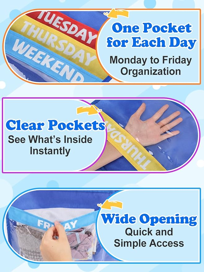 Alphatool 2 Pcs Weekly Clothes Organizer Hanging Closet Storage for Kids | 37" x 28" Large Capacity, Monday to Weekend Labels, Over Door / Wall Mount for School Outfits and Kids Room Organization