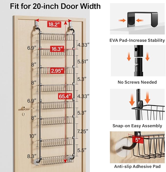 Delamu Over The Door Pantry Organizer, 8-Tier Pantry Door Organizers and Storage, Metal Hanging Spice Rack, Seasoning Organizer, Door Organizer for Home Kitchen Bathroom, Black