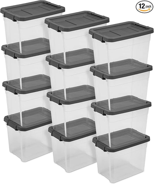 Sterilite Modular Stacker Box with Latching Lid, 30 Quart, 12-Pack | Clear Plastic Storage Bins - Stackable Organizing Container Boxes for Closet, Bathroom, and Office