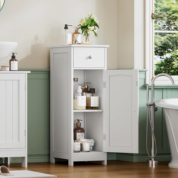 Iwell Bathroom Floor Cabinet | Small Bathroom Storage Cabinet with Drawer & Storage Shelf, Free-Standing Organizer Cabinets for Hallway/Living Room, White
