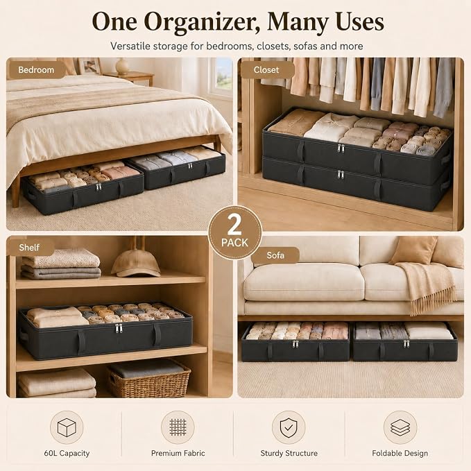 Vailando Storage Containers, 8 Inches Tall 80L Underbed Storage Bins with Sturdy Handles and Sidewalls, Closet Organizer for Clothes, Blankets, Seasonal Items, Black, 2-Pack