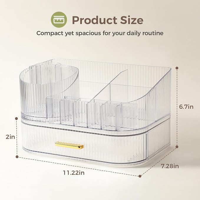 Delamu Rotating Makeup Organizer countertop, Brush Holder for Vanity, Clear | Stackable Drawer Makeup Storage for Skincare, Lipstick, Brushes & Perfume, Fits Dresser & Bathroom Countertop, Gift for Women