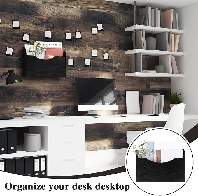 Suzile Wall Mounted File Holder Wood Magazine Holder Wall Hanging File Organizer for Office Mail Magazine Letter Paper Folder Organization (Black)