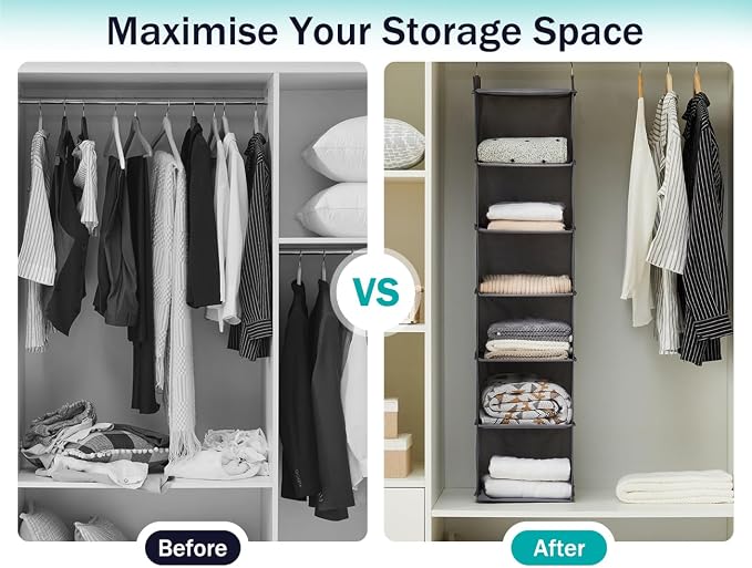 YOUDENOVA Hanging Closet Organizer, 6-Shelf Closet Hanging Shelves, Grey