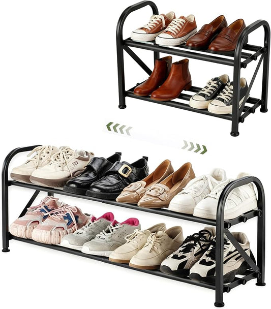 2-Tier Shoe Rack for Closet, 16"-32" Expandable Shoe Rack, Adjustable for Entryway Closet Doorway Sturdy Metal, Black