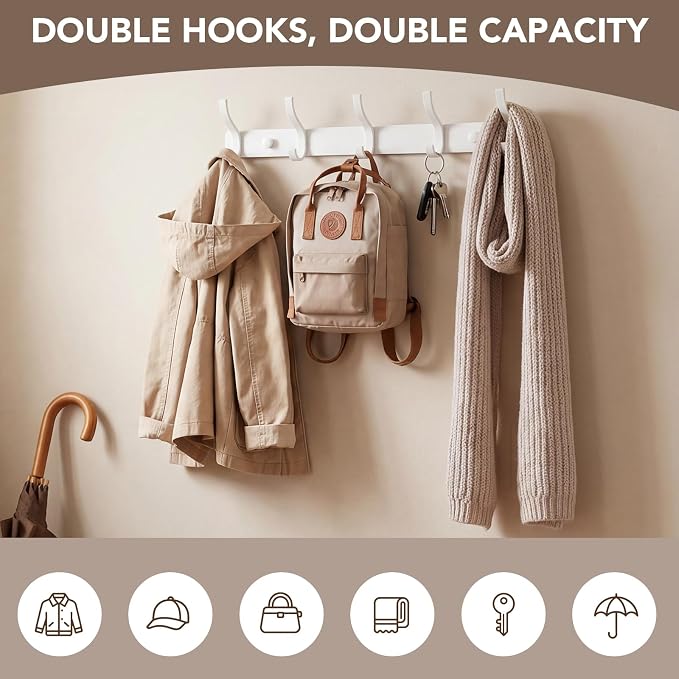 Wall Mount Coat Rack 2 Pack, White Coat Hooks Hanger with 5 Double Hooks | Zinc Alloy, Smooth Hook Edges, Screw Installation, Double Hooks，Greater Storage Space for Hanging Robes, Clothes, Bags, Hat