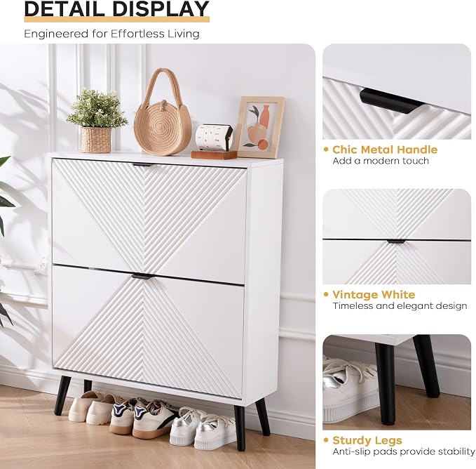 oakvivo Shoe Cabinet Storage, Farmhouse Freestanding Organizer with 2 Flip Drawers and 4 Wooden feet, Narrow Shoe Rack Cabinet for Entryway, Foyer, Hallway, White
