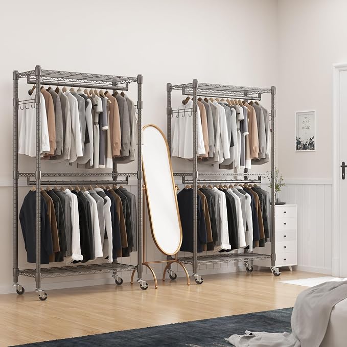 BATHWA Clothes Racks for Hanging Clothes, 35.5" W x 16.5" D x 80.7" H, Rolling Tall Heavy Duty Wardrobe Rack with Shelves & Wheels Metal Freestanding Multifuctional for Bedroom Laundry balcony, Grey
