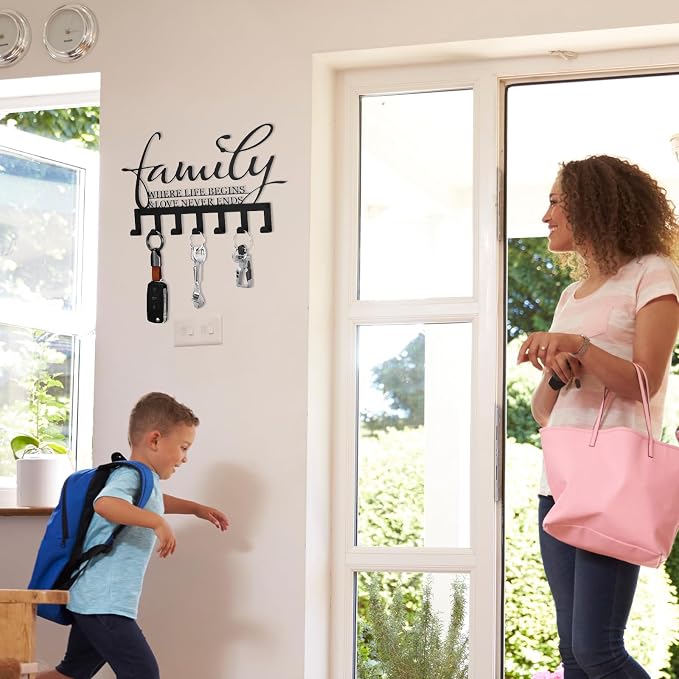 Hicarer Family Key Holder Metal Hooks Decorative Hanger Black Rack Wall Mount Organizer with Screws and Anchors for Keys Hat Kitchen Entryway Front Door Home Decor